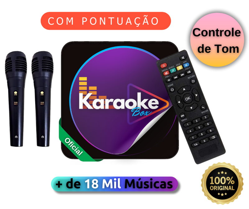 Aparelho TV Karaoke Box 18.000 Músicas Com Pontuação, Sistema de Busca, Numeração, Altera Tonalidade, Cx Som, 2 Mic S/ Fio