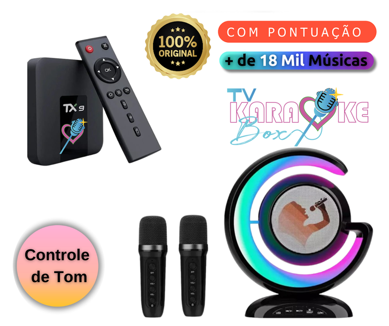 Aparelho TV Karaoke Box 18.000 Músicas Com Pontuação, Sistema de Busca, Numeração, Altera Tonalidade, Cx Som, 2 Mic S/ Fio