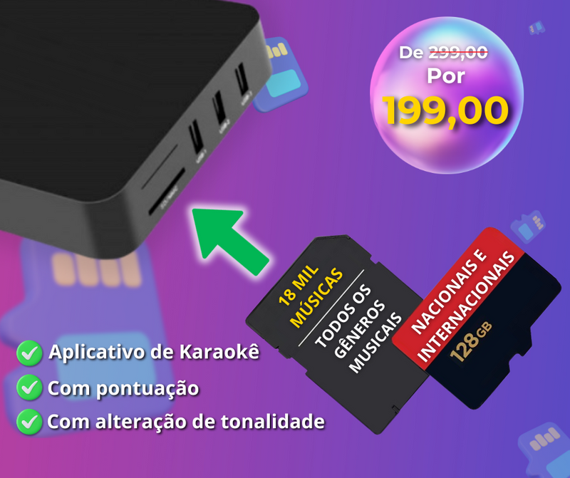 Memory Card 128GB Com 18.000 Músicas Karaoke + Aplicativo de Karaoke Android Com Pontuação